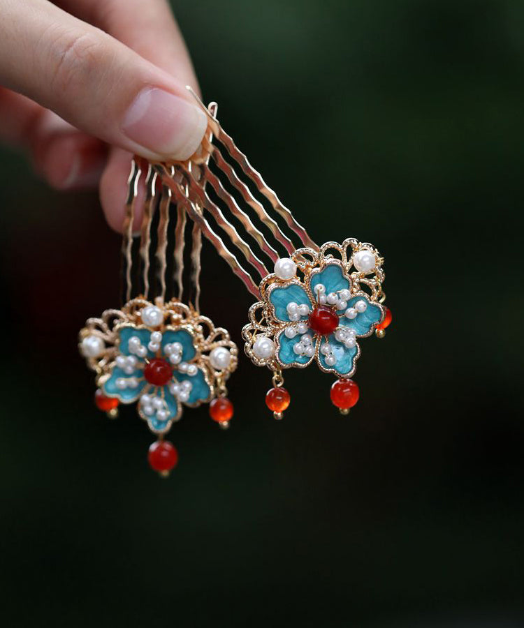 Retro Gold Sterling Silver Overgild Pearl Enamel Hairpin