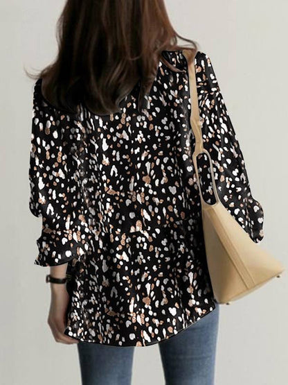 Long Sleeves Loose Drawstring Elasticity Leopard Tied V-neck Blouses&shirts Tops