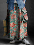 Women's Folk Art Floral Print Casual Cotton and Linen Pocket Skirt