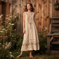 Vintage Tribal Floral Lace Panel Linen Dress elevenforest