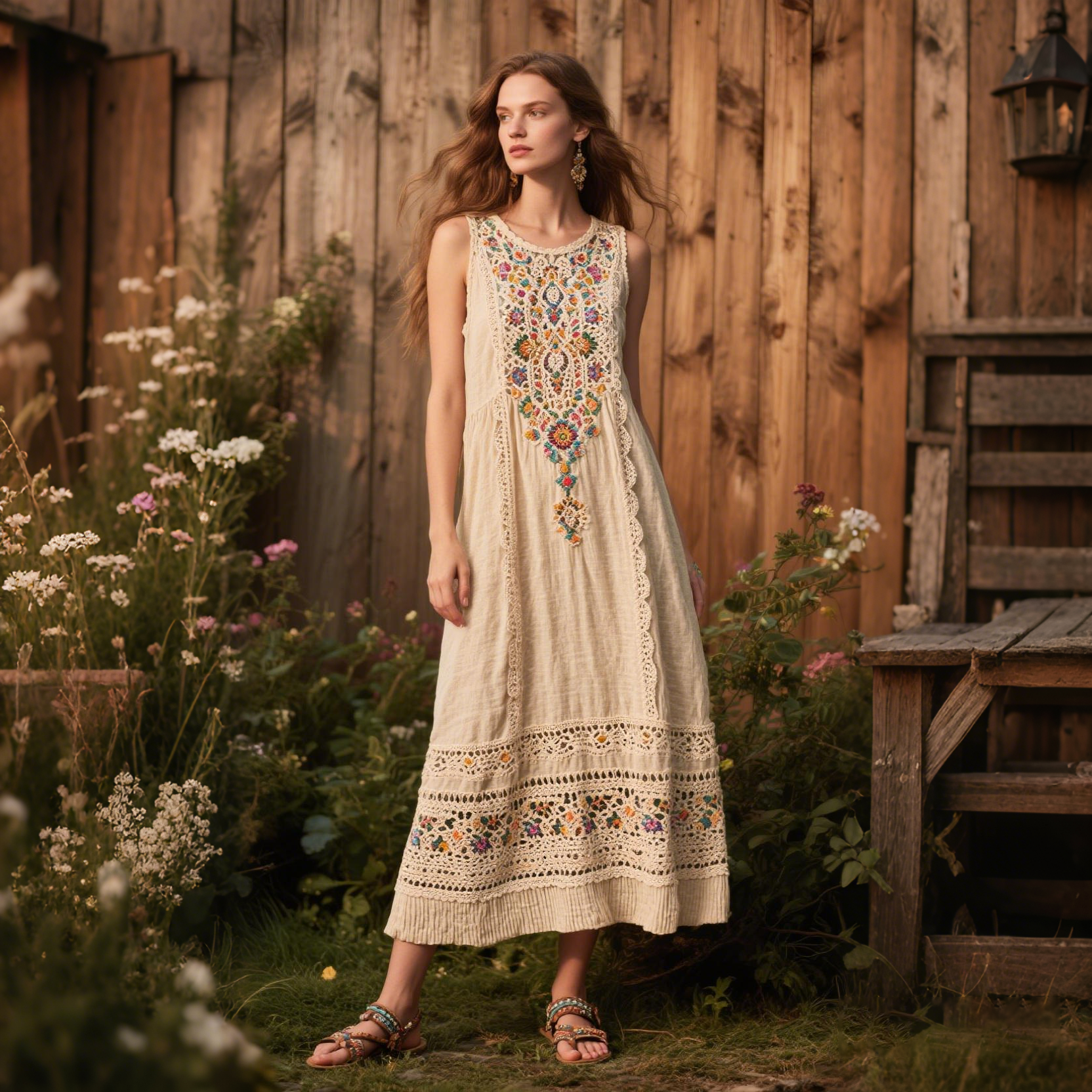 Vintage Tribal Floral Lace Panel Linen Dress elevenforest