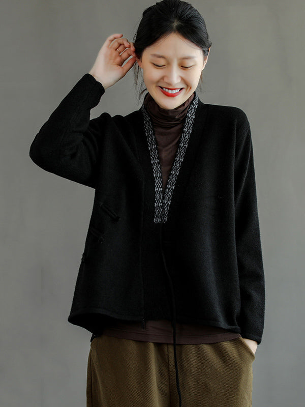Color Embroidered Wool Blend Cardigan Top