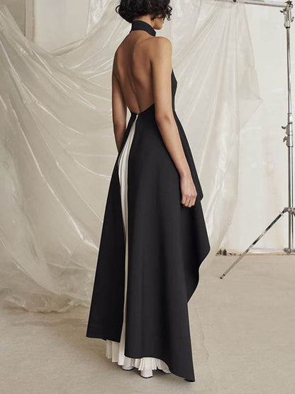 Original Sleeveless Irregularity Color High-neck T-shirt Top&pleated Skirt Bottom Two Pieces Set