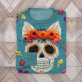Mexican Catrina Day Of The Dead Floral Skull Cat Embroidered Art Crew Neck Sweater elevenforest