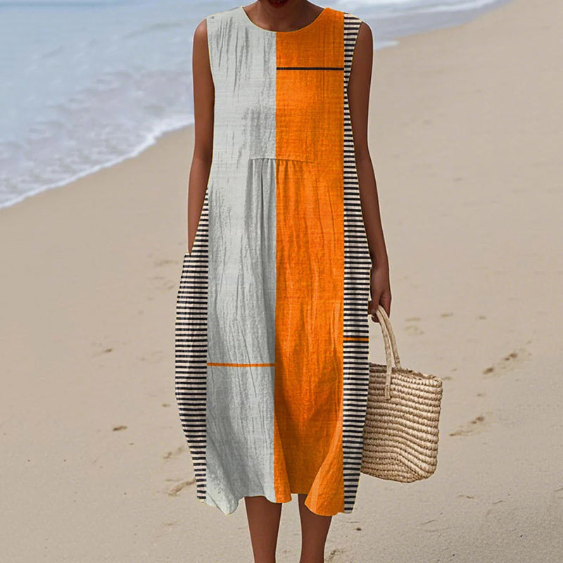 Women's Vintage Abstract Geometric Art Print Linen Vest Dress elevenforest