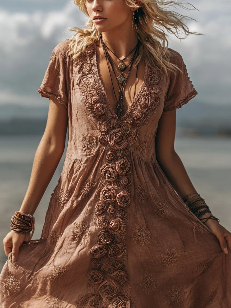 Vintage Roses Embroidered Flowy Linen Maxi Dress elevenforest