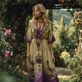 Vintage Gradient Purple Floral Embroidered V Neck Linen Blend Maxi Dress elevenforest