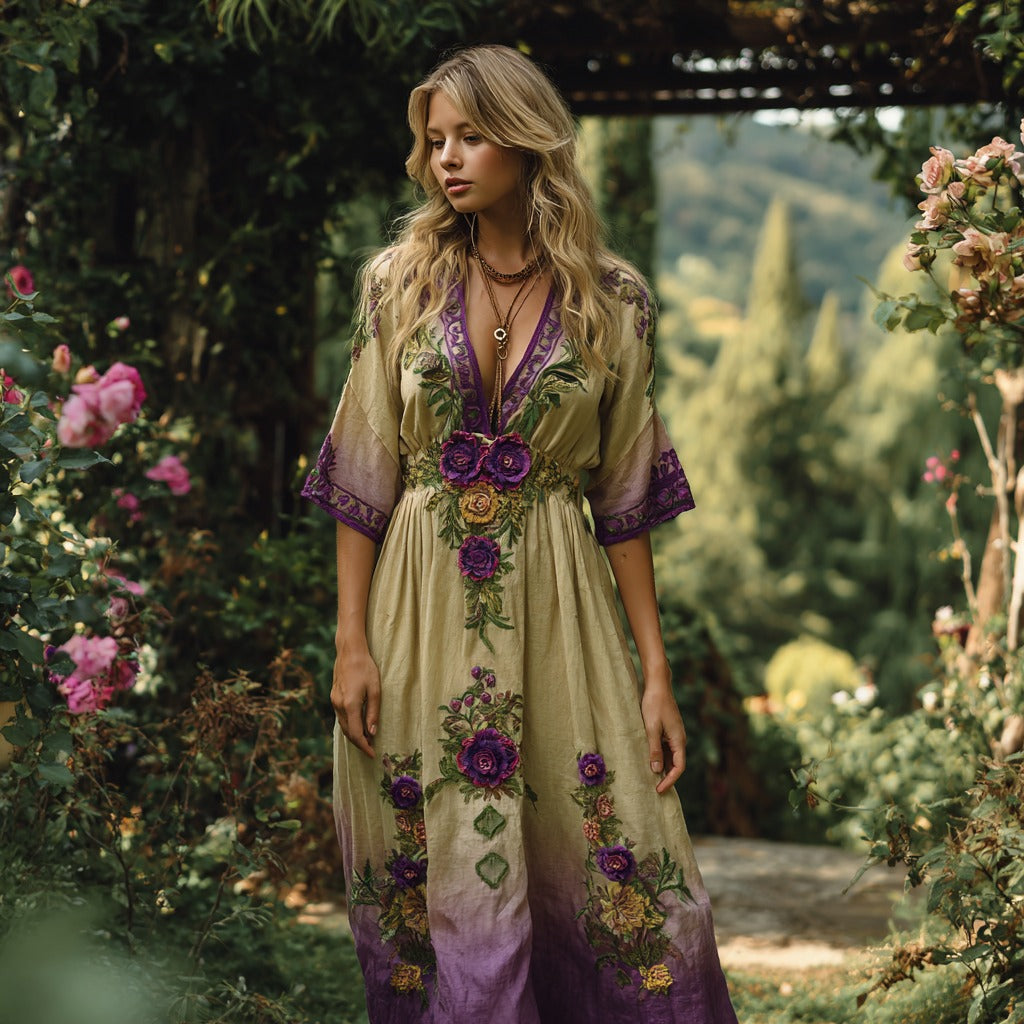 Vintage Gradient Purple Floral Embroidered V Neck Linen Blend Maxi Dress elevenforest