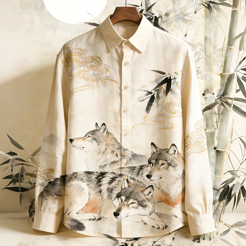 Men's Vintage Wolf With Bamboo Ink Art Painting Art Linen Shirt elevenforest