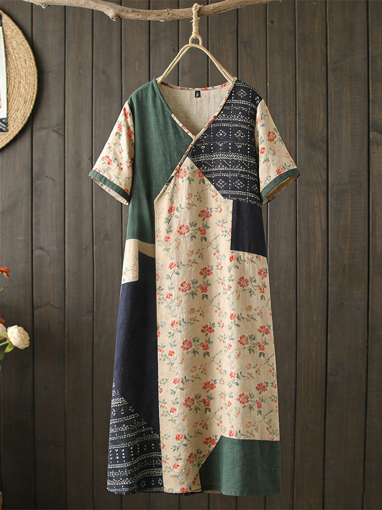 Comstylish Vintage Japanese Floral Geometric Patchwork Women's Linen Short Sleeve Maxi Dress