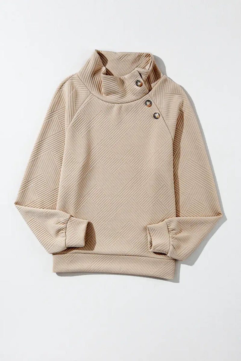 Apricot Asymmetric Buttons Textured High Neck Sweatshirt