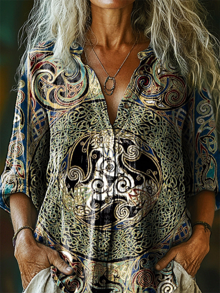 Women's Celtic Art Print Casual Cotton Linen Shirt