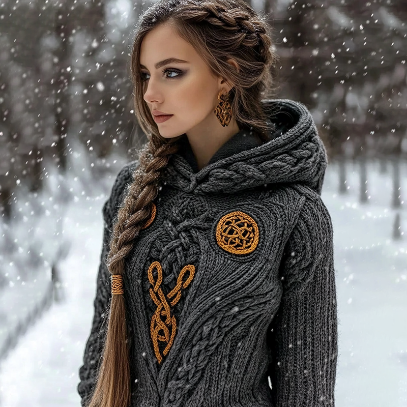 Women's Viking Celtic Pattern Cozy Hooded Sweater elevenforest