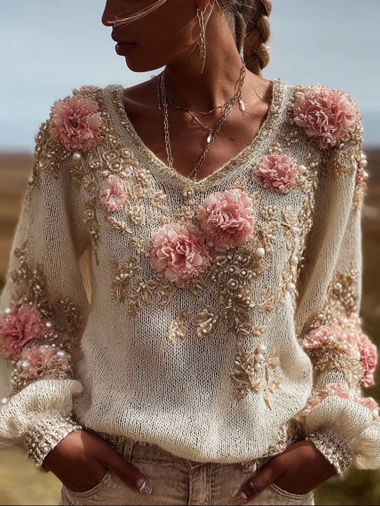 Bohemian Style Round Neck Long Sleeve 3d Floral Design Women's Sweater elevenforest