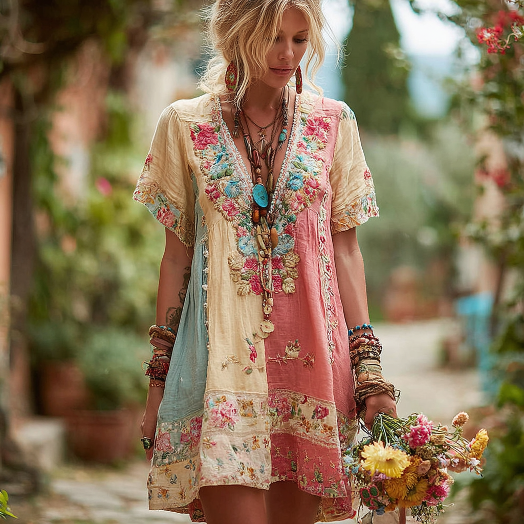 Women's Retro Floral Short Sleeve Dress elevenforest