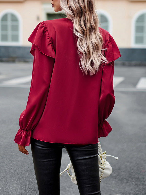 Long Sleeves Loose Asymmetric Hollow V-neck Blouses&shirts Tops