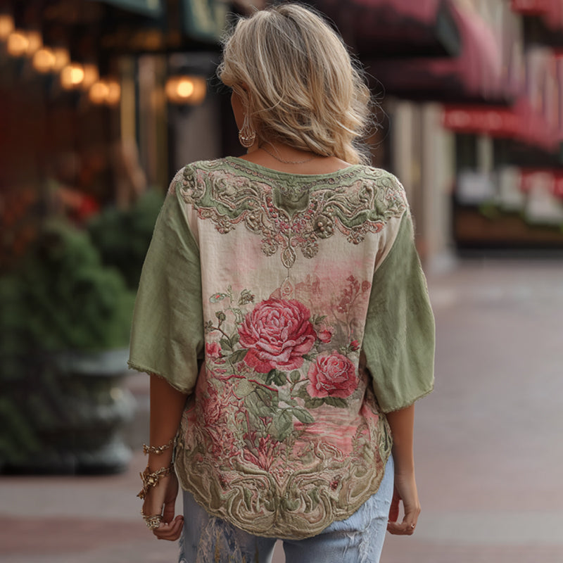 Love & Health Collection Classic Rose And Floral Art Linen Round Neck Shirt elevenforest