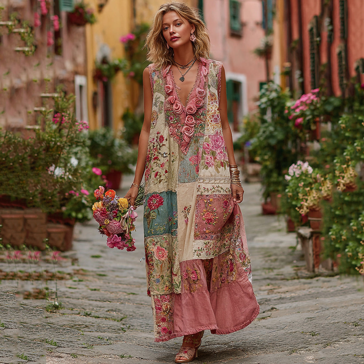 Women's Vintage Bohemian Floral And Rose Patchwork Linen Dress elevenforest