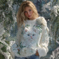 Women's Cat Rose Embroidery Art Cozy Knit Sweater