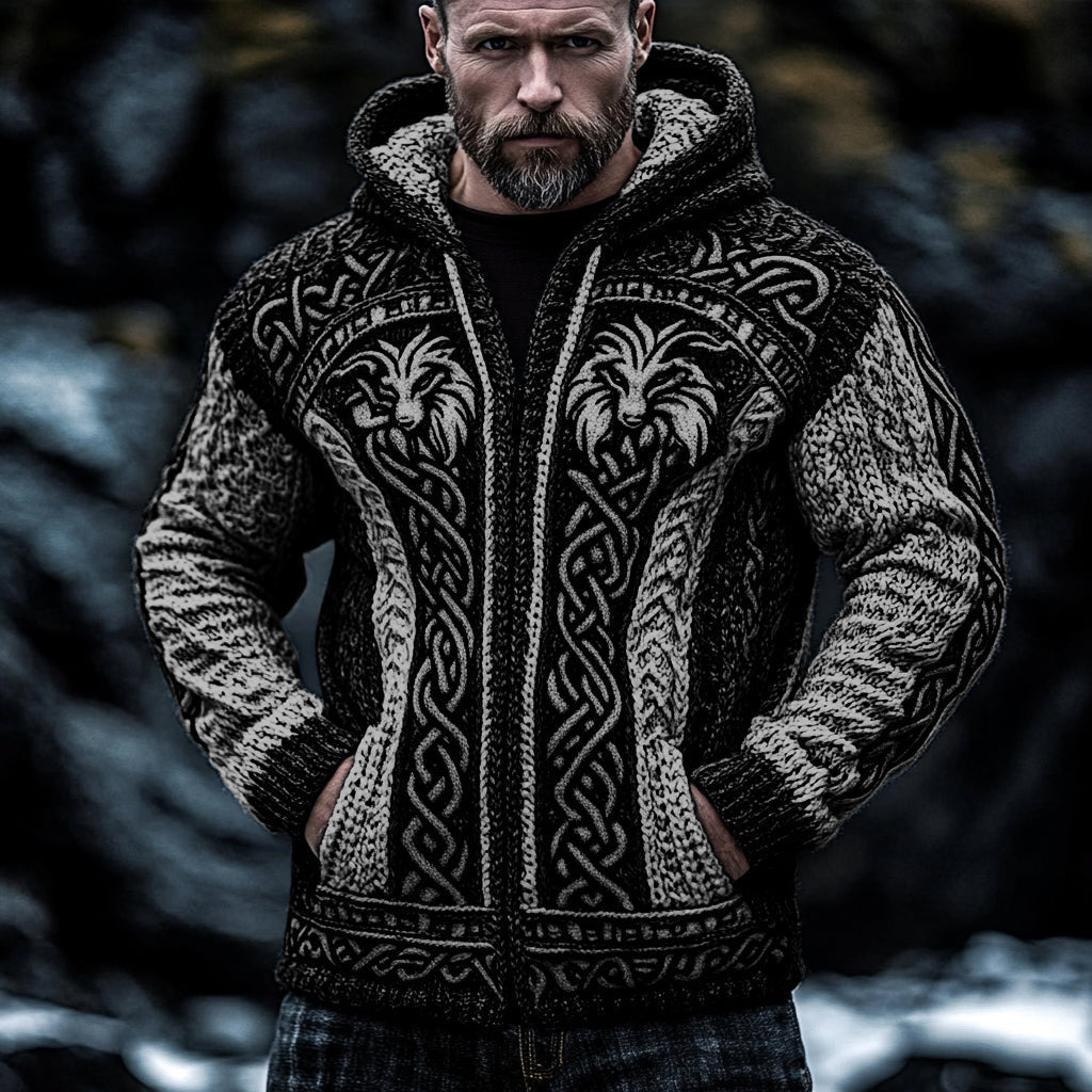 Men's Viking Wolf Style Celtic Thick Zip Hooded Sweater elevenforest