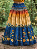 Women's Boho Floral Embroidery Gradient Cotton Linen Flowing Half Elastic Skirt elevenforest