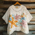 Ocean Colorful Starfish Embroidered Lace Art Linen Blend Shirt elevenforest