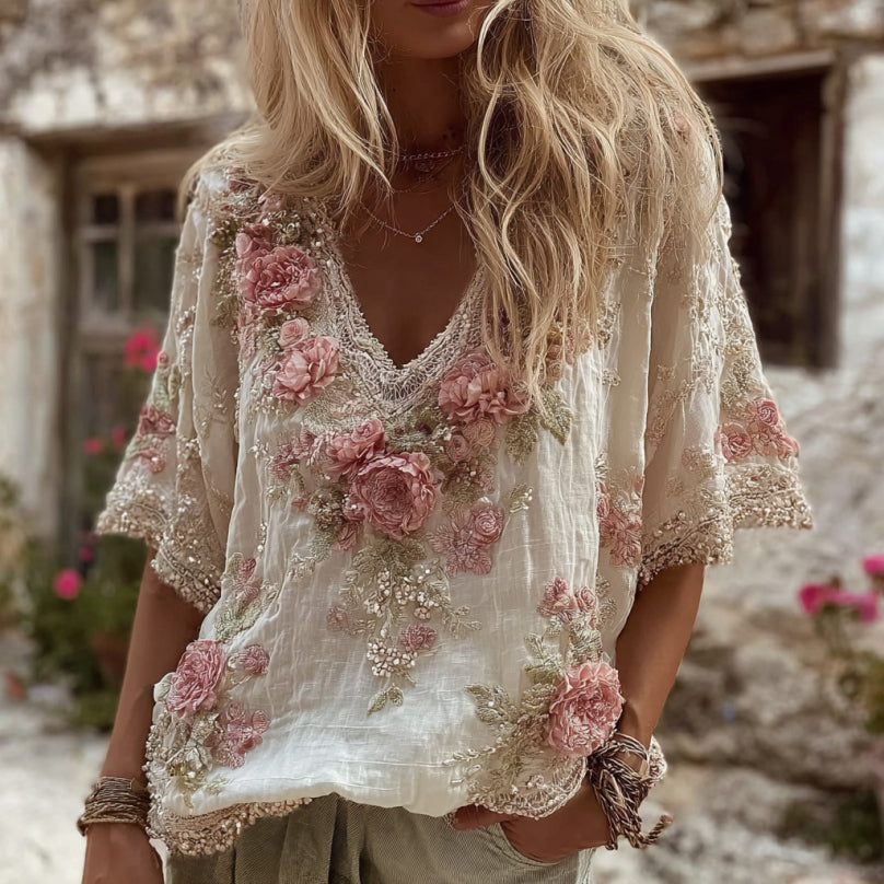 Women's Vintage Pink Rose Embroidery Art V-neck Short Sleeve Linen Blend T-shirt elevenforest