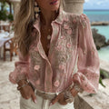 Women's Vintage Pink Rose Embroidered Art Long Sleeve Shirt elevenforest
