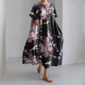 Japanese Art Flower Print Short Sleeve Midi Dress elevenforest