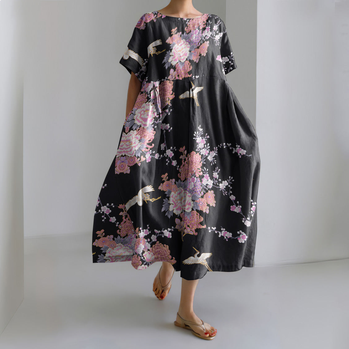 Japanese Art Flower Print Short Sleeve Midi Dress elevenforest