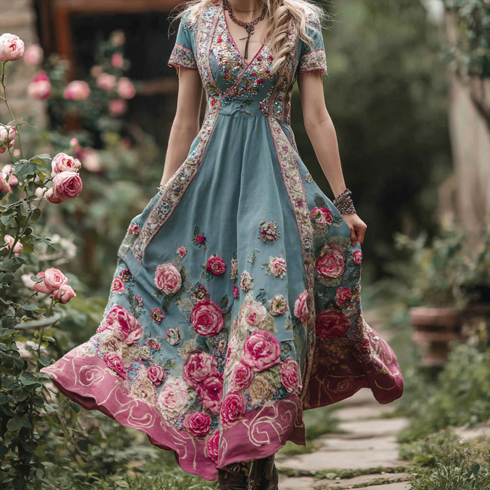 Bohemian Style Three-dimensional Pink Rose Color-block Vintage V-neck Short-sleeved Long Dress elevenforest