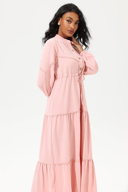 Long Sleeve Lace Up Midi Dress Pink