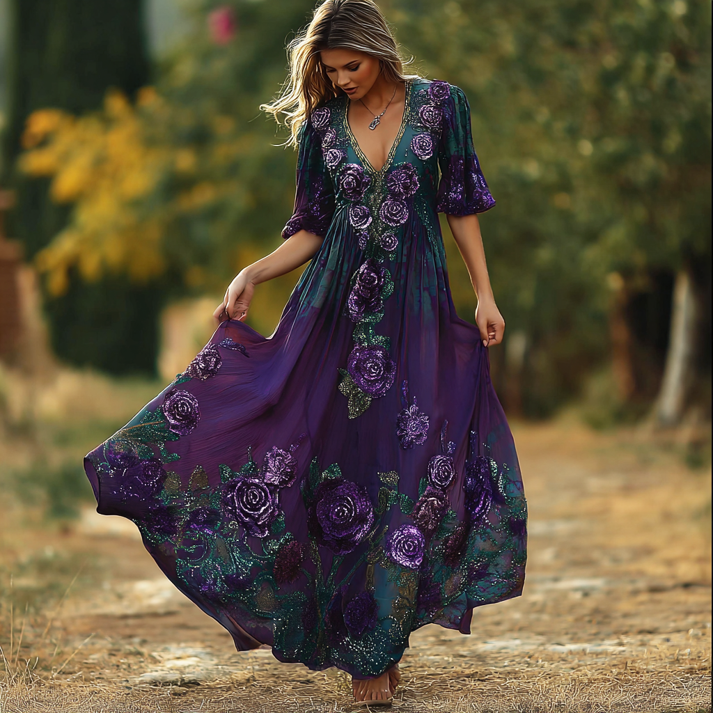 Classy Purple Roses Glitter Embroidered Flowy Linen Maxi Dress elevenforest