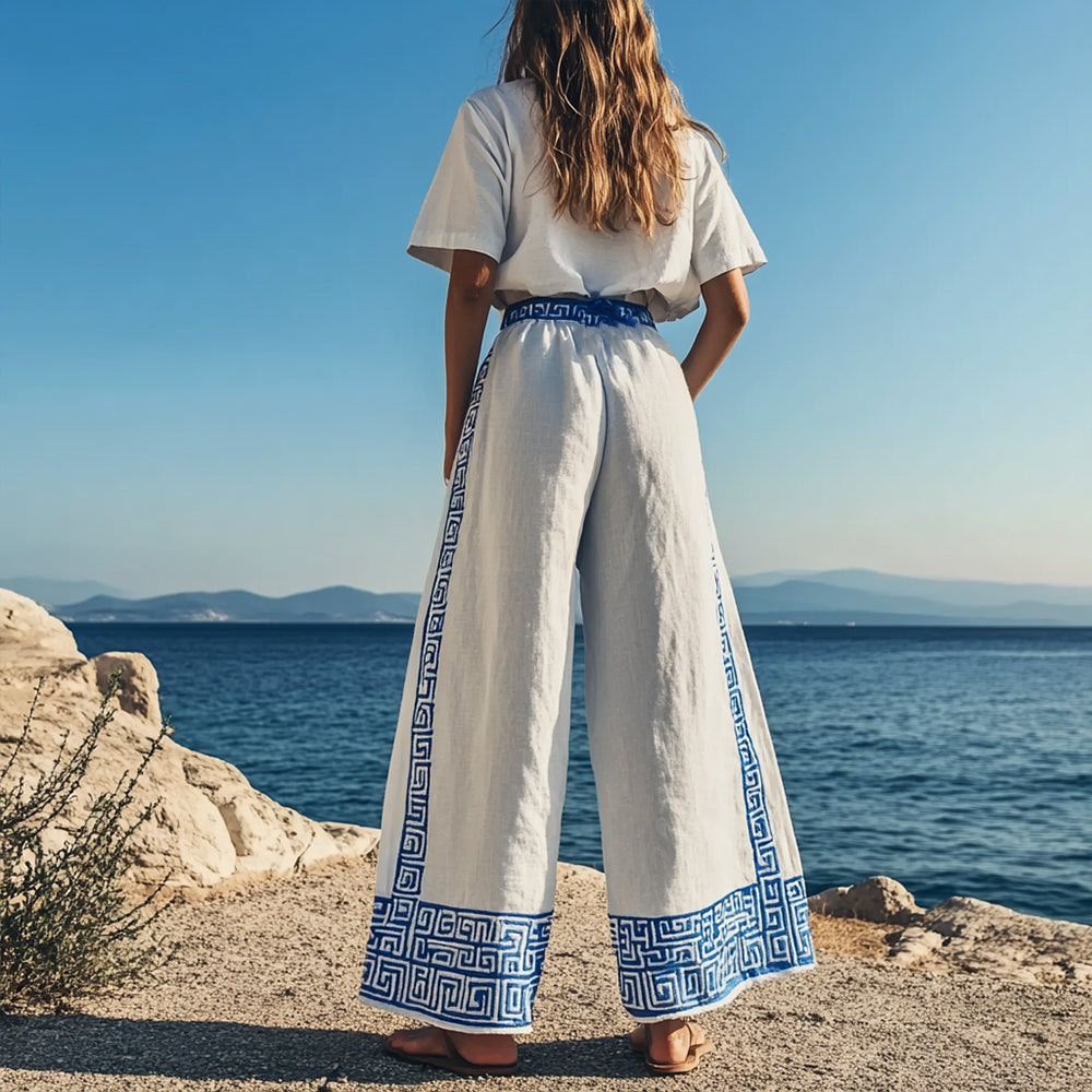 Women's Vintage Greek Key Embroidered Linen Lounge Pants elevenforest