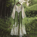 Vintage Floral Embroidered Pattern Linen Contrast Color Maxi Dress elevenforest