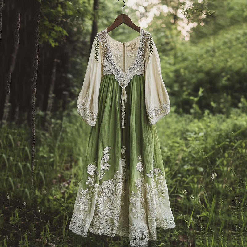 Vintage Floral Embroidered Pattern Linen Contrast Color Maxi Dress elevenforest