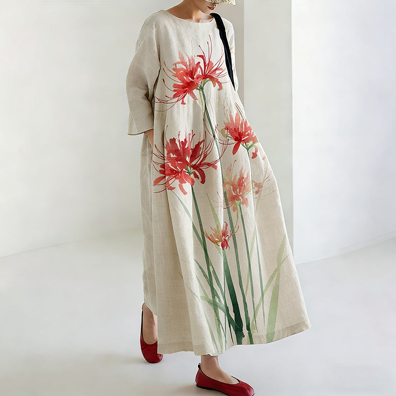 Women's Japanese-style Casual Dress With Spider Lily Pattern elevenforest
