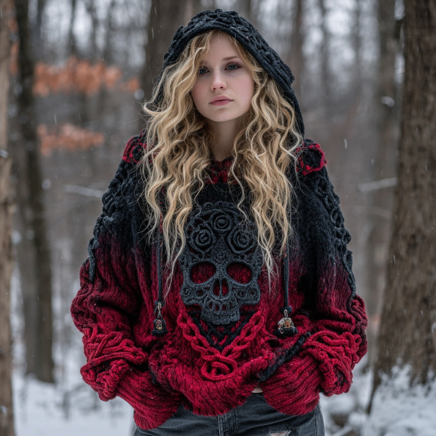 Women's Vintage Viking Tribal Celtic Skull Gradient Art Chunky Knit Hooded Sweater elevenforest