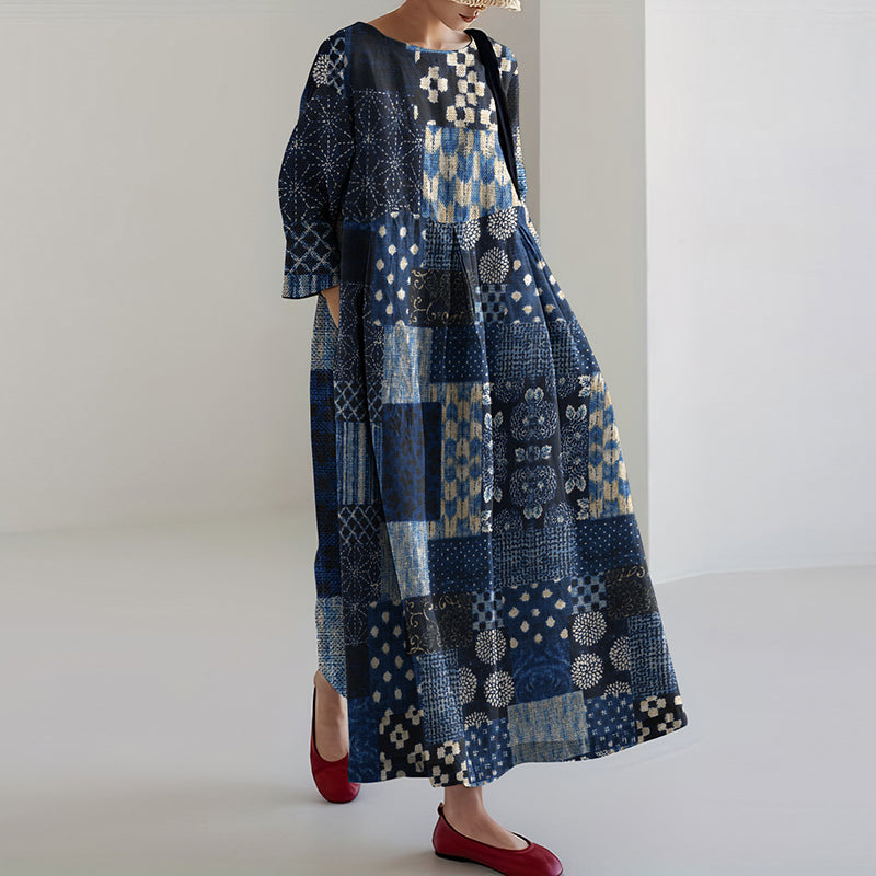 Vintage Japanese Traditional Sashiko Blooming Floral Patchwork Art Cropped Print Casual Midi Dress elevenforest