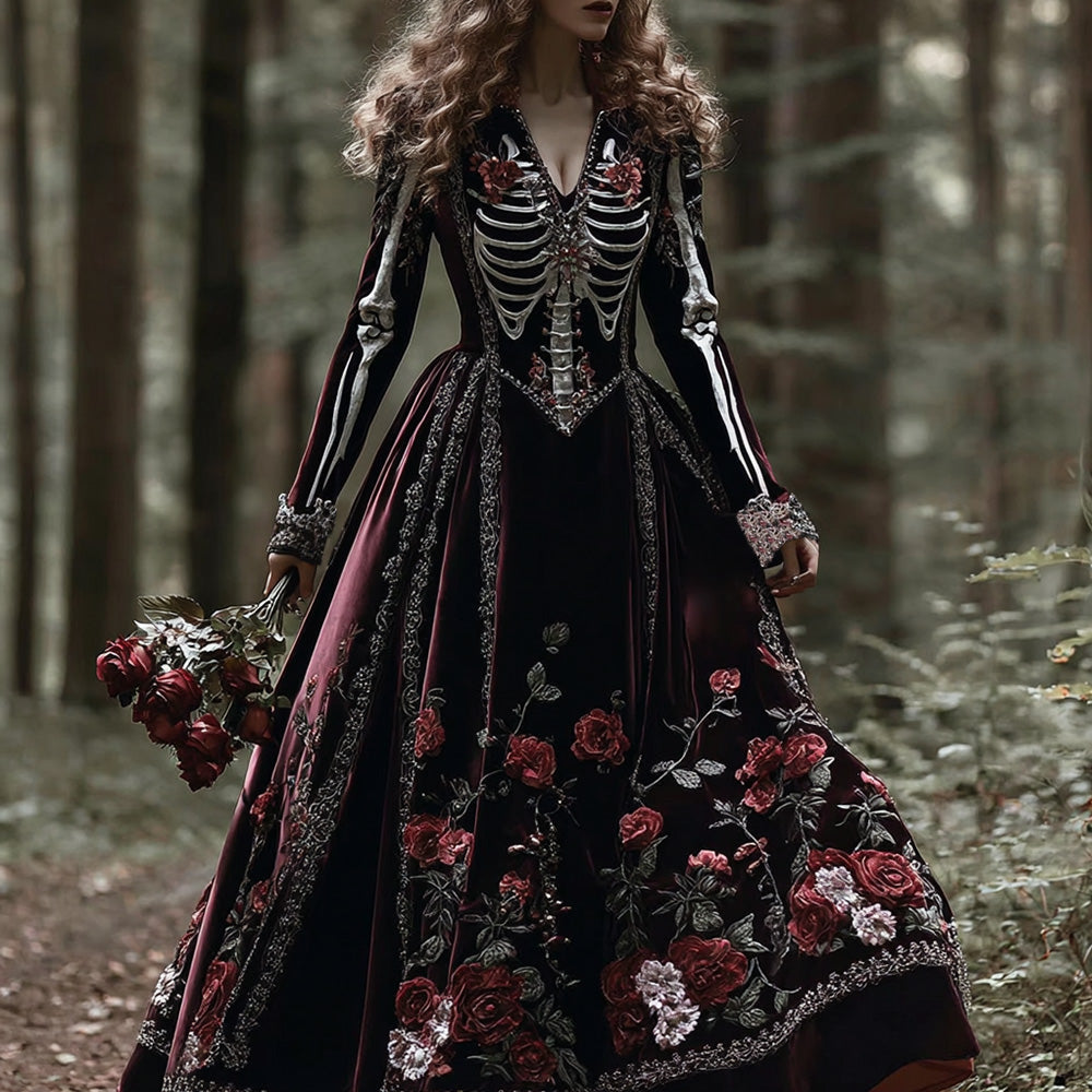 Vintage Skeleton Bones With Roses Flowy Maxi Dress elevenforest
