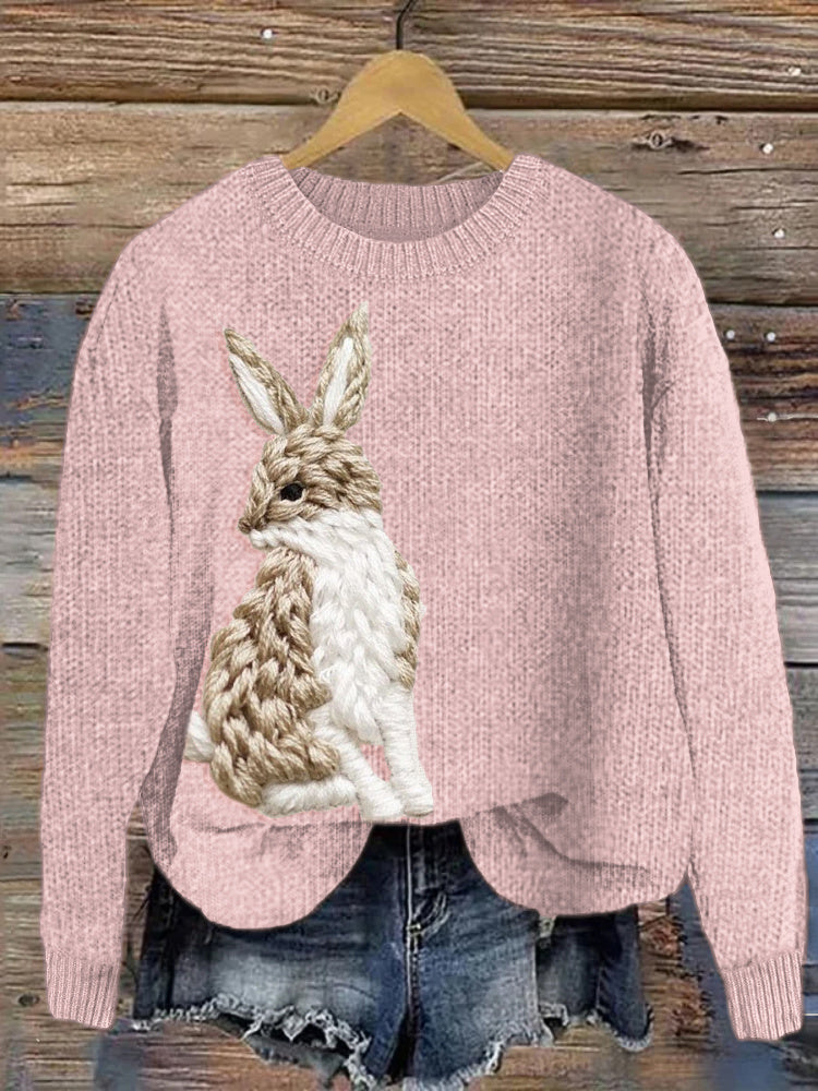 Lively Hare Embroidery Pattern Cozy Knit Sweater artswardrobe