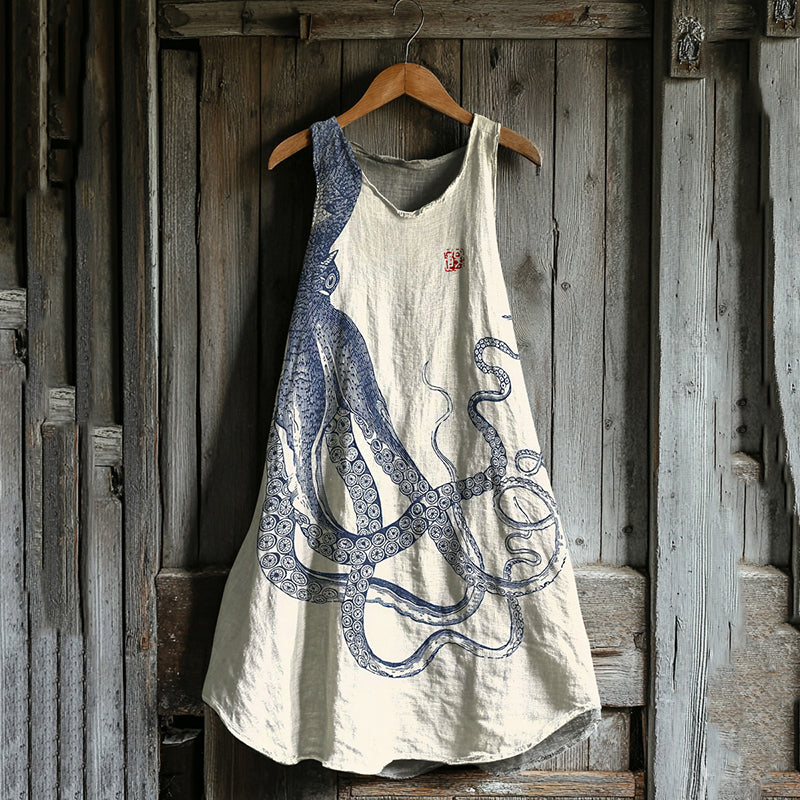 Japanese Octopus Art Linen Tank Dress elevenforest