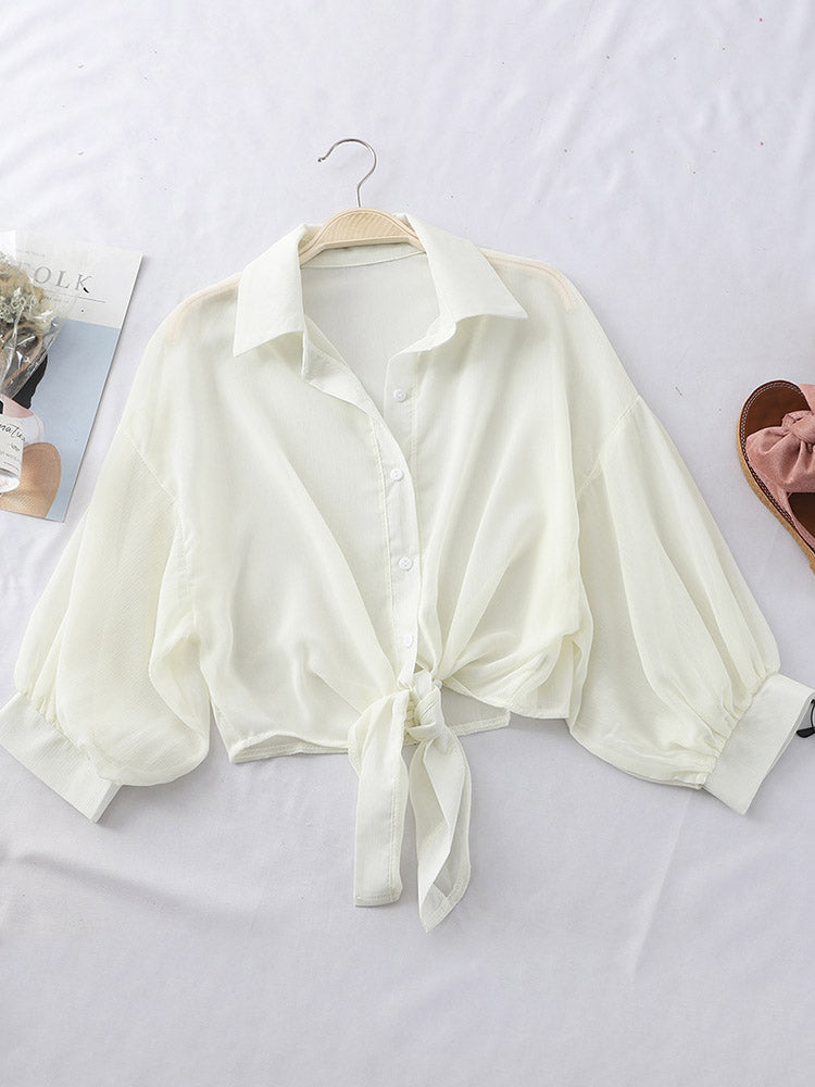 Chiffon Shirts Summer Half Sleeve Buttoned Up Shirt Loose Blouse Tied Waist Blouses for
