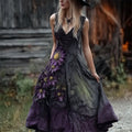 Vintage Witch Purple Flowers Dyed Linen Maxi Dress elevenforest