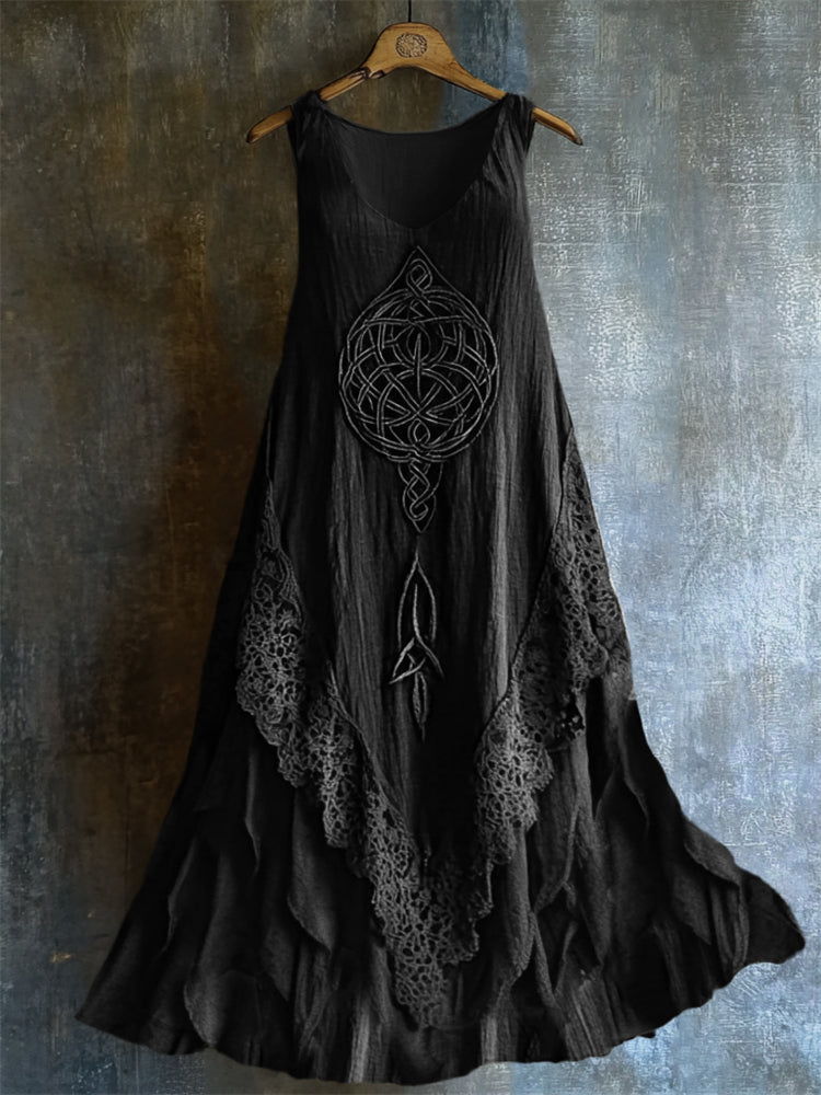 Viking Celtic Knot Lace Hem Layered Linen Tank Dress elevenforest
