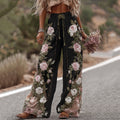Women's Classic Romantic Pink Rose Embroidery Art Comfy Linen Pants elevenforest