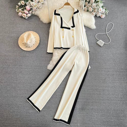 Spring and Autumn Chanel Style Suit Long Sleeved Contrast V Neck Knitted Cardigan High Waist Straight Wide Leg Pants Knitted Suit