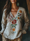 Retro Bohemian Floral Embroidered Linen Blend Cozy Shirt elevenforest