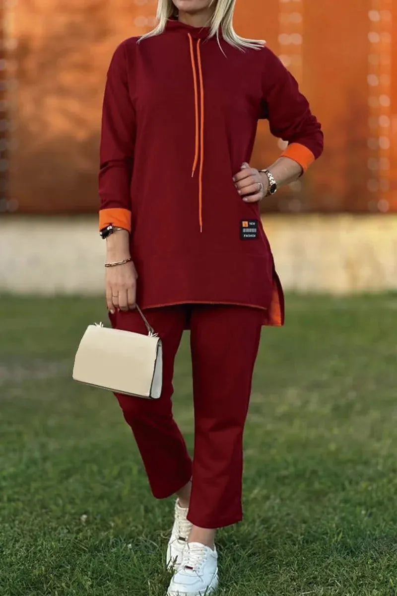 Long Contrast Color Sweatshirt Suit