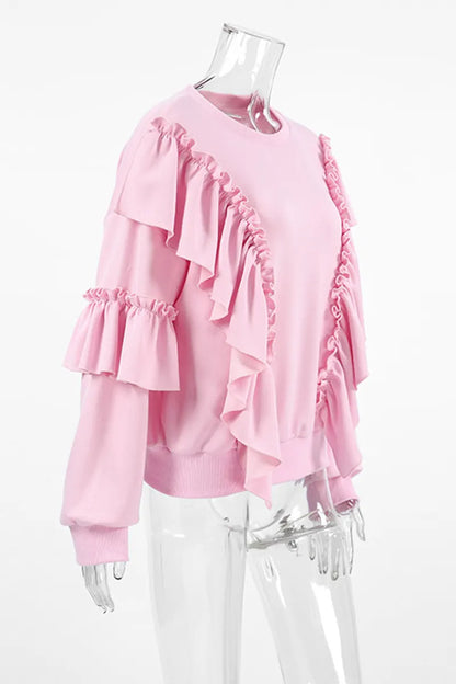 Color Ruffle O Neck Hoodies